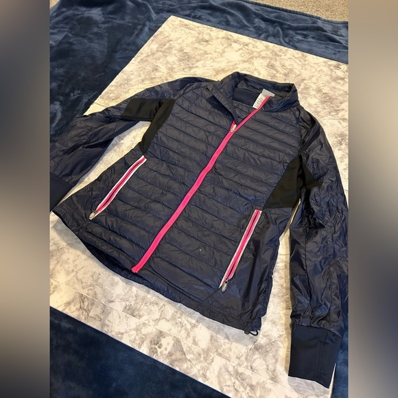 Women’s Asics Navy Blue/Pink lightweight down filled puffer jacket size small - Picture 1 of 6